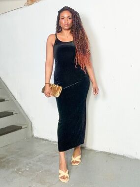 Vintage Black Velvet Midi Dress, S
